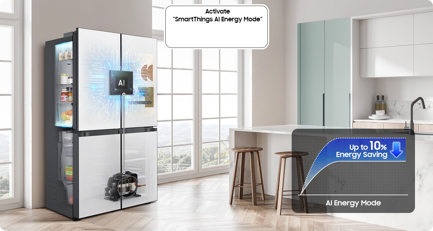 There is a Bespoke fridge in a sunlit kitchen with an AI processor. The toggle for 'Activate SmartThings AI Energy Mode' is on. AI Energy Mode's energy consumption graph indicates up to 10% energy savings.