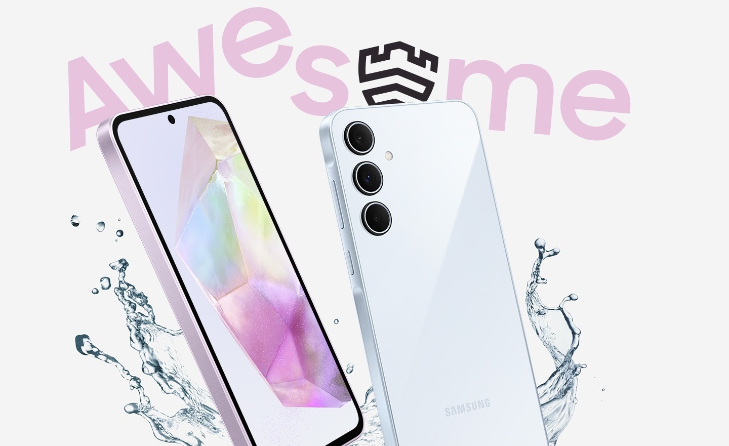 Two smartphones shown at an angle with water splashes around them with the word 'AWESOME'. The phone's screen displays a gradient wallpaper, and the back has a triple camera layout. Galaxy A35 5G logo. Text reads Secured by Samsung Knox Vault.