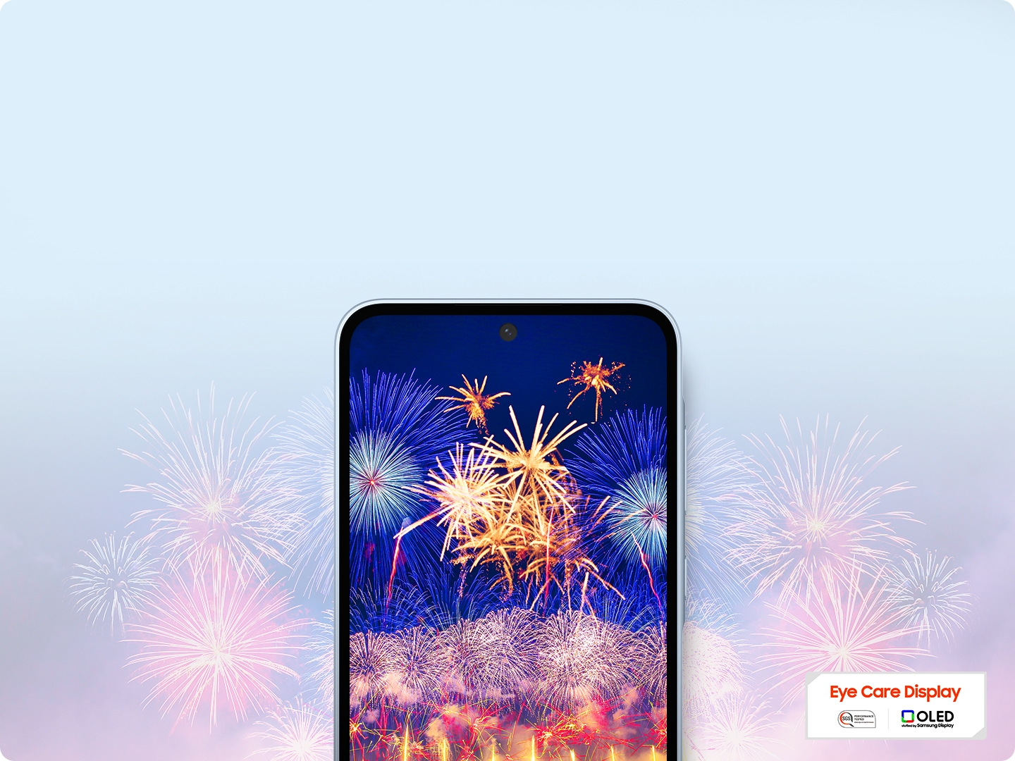 Un smartphone présentant un feu d’artifice vibrant sur l’écran. Avec un logo « Eye Care Display » et technologie OLED.