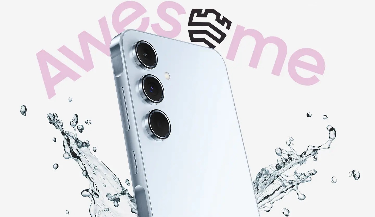 A Galaxy A55 5G shown at an angle with water splashes around it with the word 'AWESOME'. Galaxy A55 5G logo. Text reads Secured by Samsung Knox Vault.