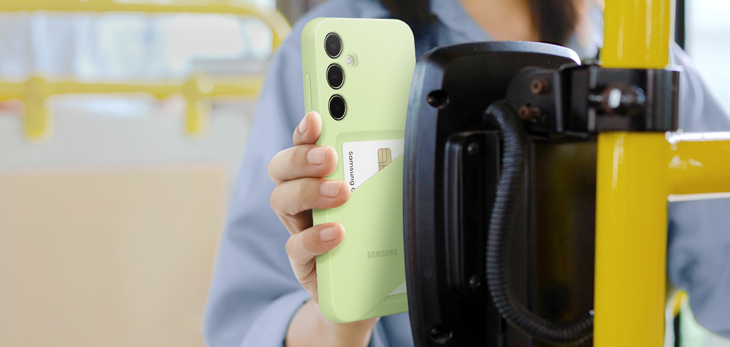 A woman is tagging her Galaxy A35 5G device wearing a Lime Card Slot Case with a card pocketed to pay for her transportation.