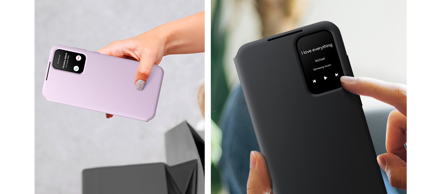 A man with his hands full is holding up his Galaxy device wearing a Lavender Smart View Wallet Case to answer the phone on the small display window. To the right, a hand holds up a Galaxy device wearing a Black Smart View Wallet Case to change the song on the small display window.