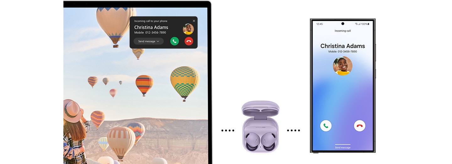 Galaxy Buds2 Pro are paired with Galaxy Book4 and Galaxy S24 Ultra. An incoming call screen is shown on Galaxy S24 Ultra and the call notification is shown on Galaxy Book4. The Galaxy Buds2 Pro audio switches automatically between the laptop and smartphone.