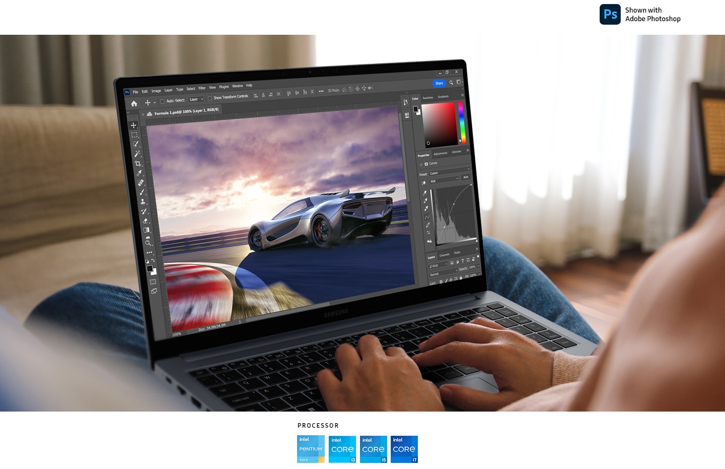A person sitting at home is using Galaxy Book4 in Gray to edit an image of a racing car open in Adobe Photoshop app onscreen. Adobe Photoshop logo, Intel® Pentium, Intel Core i3, Intel Core i5 and Intel Core i7 processor logos are shown.
