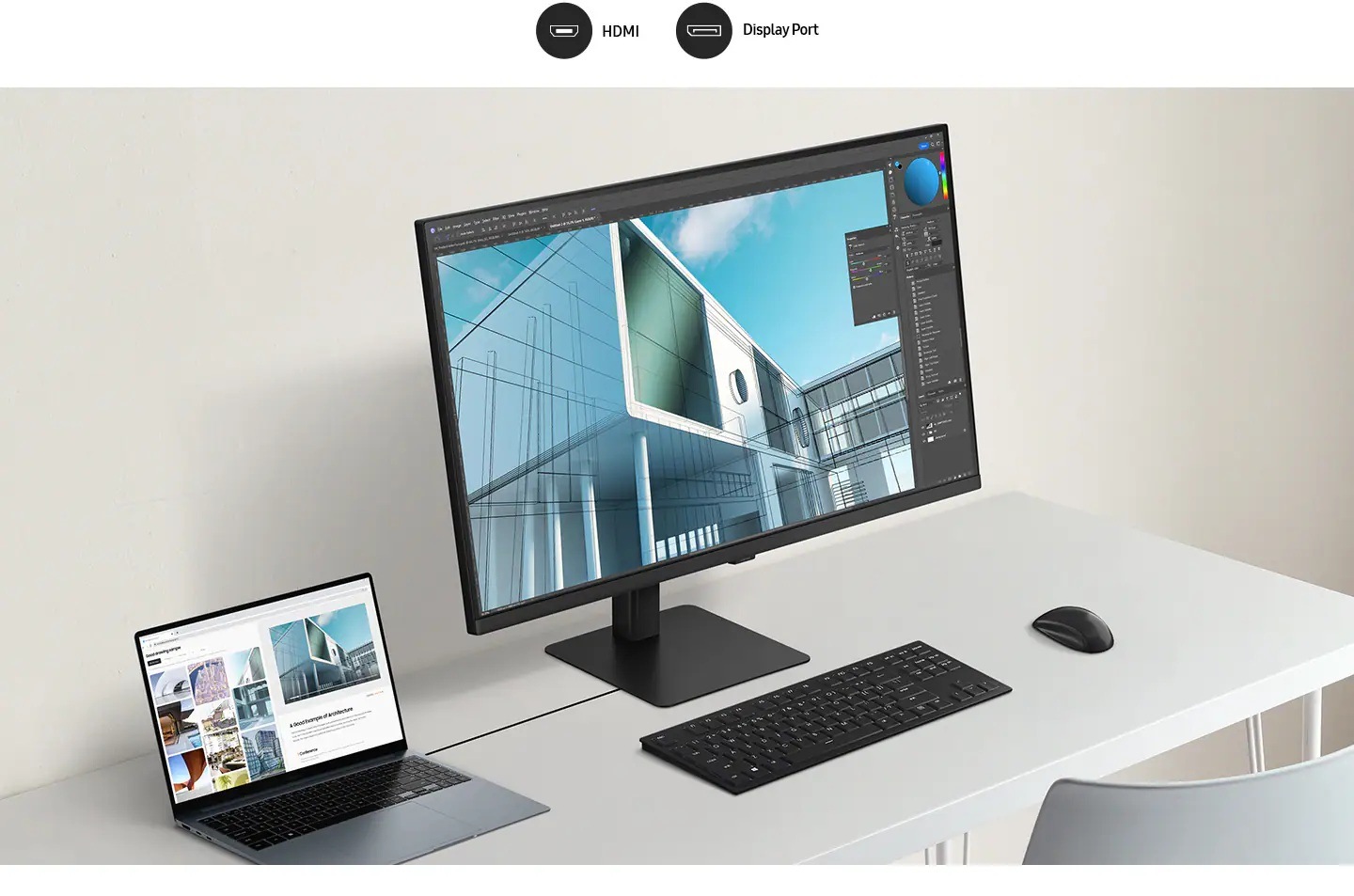 A laptop, monitor, keyboard, mouse and mobile phone are all connected on a desk by a wire. Above the monitor, there are 2 icons, which are HDMI and Display port