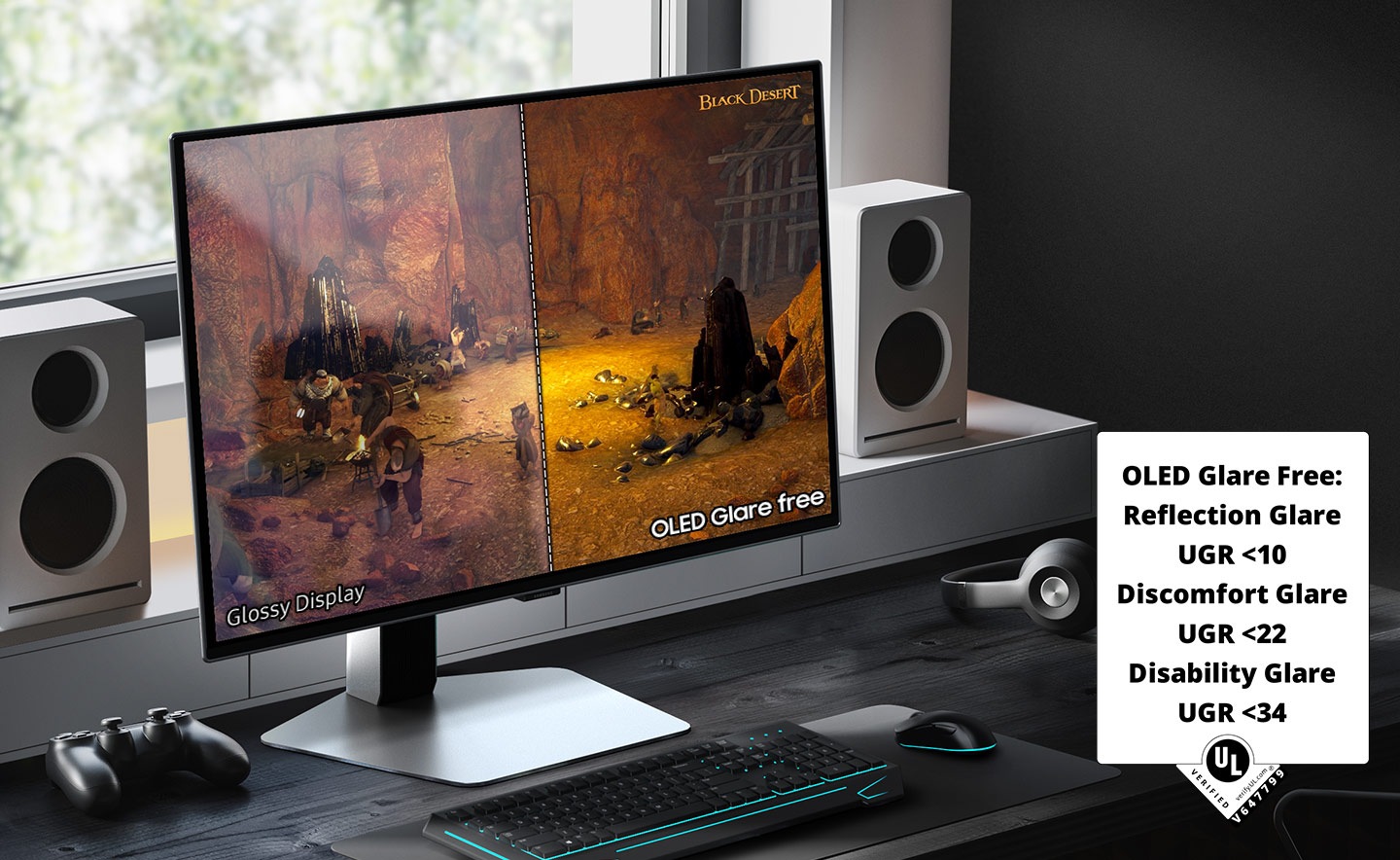 A monitor sits on a desk in front of a window, with a mouse, keyboard, headphones and speakers on the desk. The monitor shows animage from the game Black Desert, split in half. The right side of the image, labeled "OLED Glare Free" is more clear with less reflection than the left side, labeled, "Glossy Display." A badge on the image says "OLED Glare Free: Reflection Glare UGR <10. Discomfort Glare UGR<22. Disability Glare UGR <34.