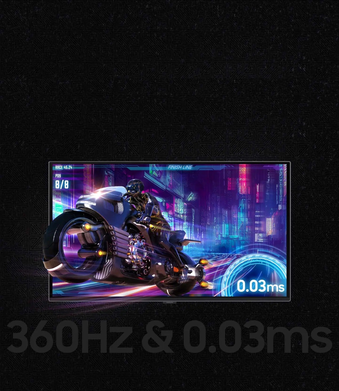 A futuristic motorcycle is coming out of a screen. ON the screen, a refresh rate of .03ms is labeled. Below the screen, it reads "360Hz & 0.03ms".