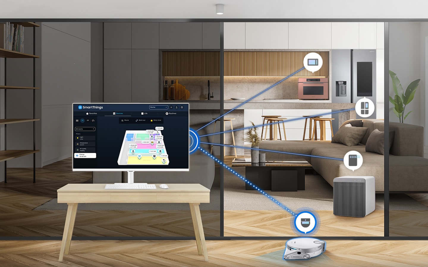 There is a monitor in a room with a vacuum cleaner, and outside of the room, a kitchen and living room is shown. In the kitchen, there is a cooker and a refrigerator. And there is an air purifier in the living room. All the devices are connected with the Smart Monitor with SmartThings, and the vacuum cleaner is activated by the SmartThings hub on the monitor.