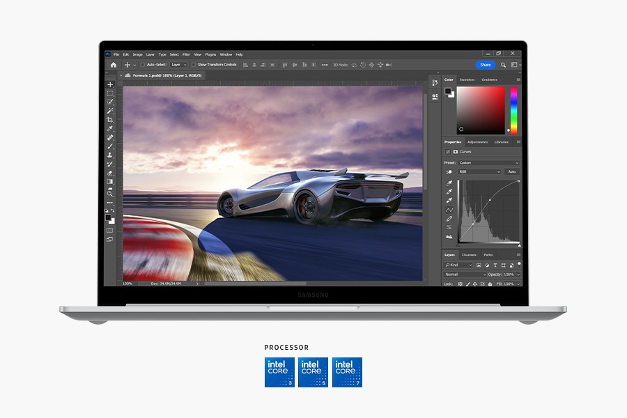 Galaxy Book4 in Silver, open and facing forward with an image of a racing car open for editing in Adobe Photoshop app onscreen. Below are shown Intel Core 3, Intel Core 5 and Intel Core 7 processor logos.