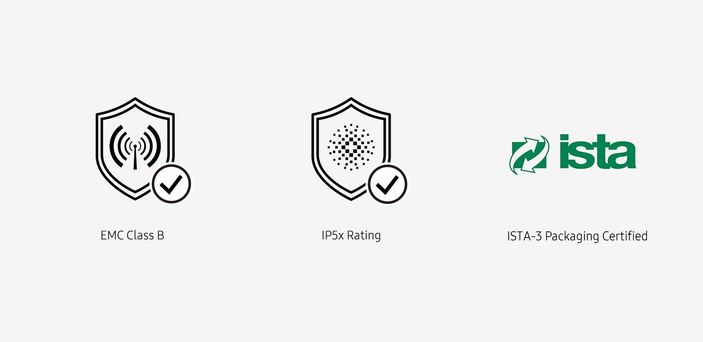 EMC Class B, IP5x Rating and ISTA-3 Packaging Certified logo