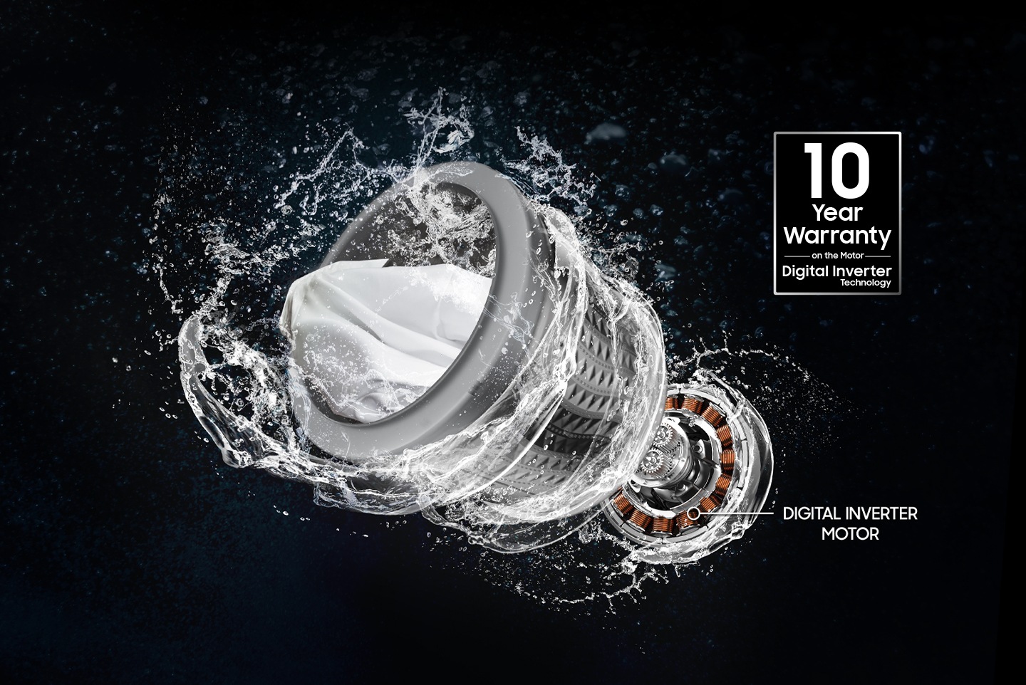 Digital Inverter Motor, drum and water stream spins fast. WA4000B’s warranty is 10 year.