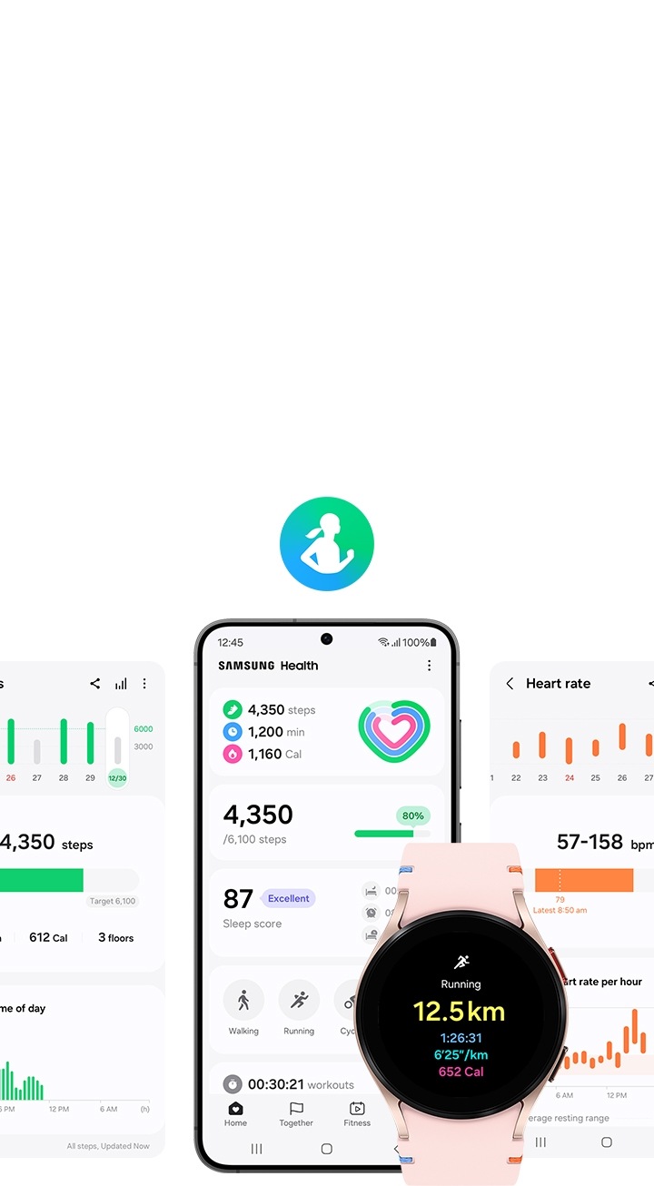 Different interfaces of Samsung Health app are shown. From left to right: An interface that asks the user’s wellness interest including overall health, sleep, exercise, and healthy weight. An interface of total steps on daily base. The Galaxy S24 is seen from the front, showing its interface that counts total steps, duration of exercise, and calorie burnt. A pink gold Galaxy Watch FE with a pink gold stitch band is seen from the front. Its watch face displays the exercise type, which in this case is running, the total distance, the total duration, the pace per km, and the amount of calories burnt. A heart-rate interface shows the weekly heart rate data.