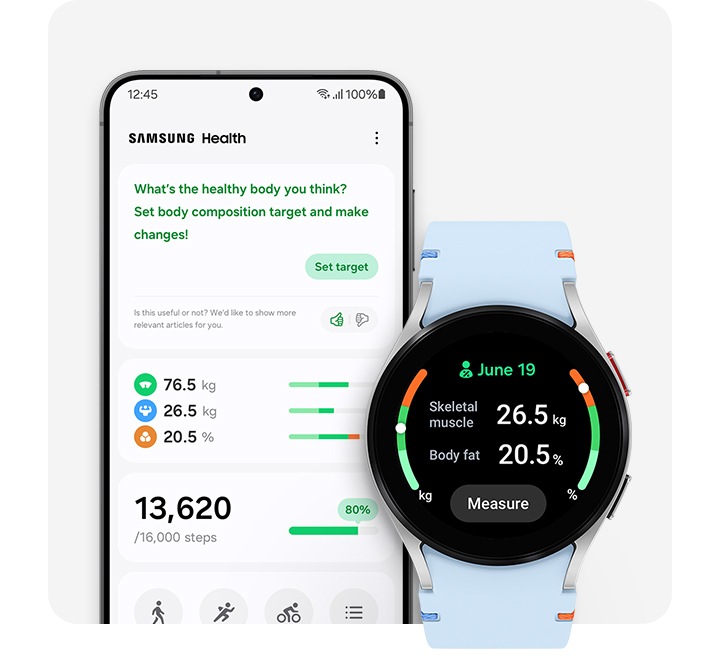 A silver Galaxy Watch FE is with a sky-blue stitch band is seen from the front. The watch face displays the time and the user's body composition results. At the center-bottom of the screen, there is a ‘Measure’ button. To the left of the Galaxy Watch, there is a Galaxy S24 displaying the interfaces of Samsung Health, including body composition results, target setting, total steps, and various supported exercise programs.
