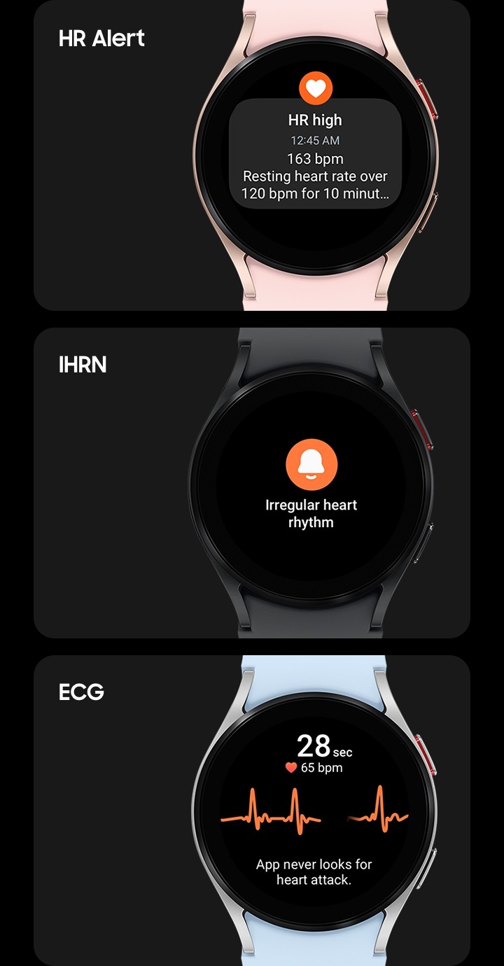 From left to right: A pink gold Galaxy Watch FE, a black Galaxy Watch FE, and a silver Galaxy Watch FE. The pink gold Galaxy Watch FE with a pink stitch band is seen from the front. The watch face shows the heart rate interface, indicating a high heart rate of 163 bpm, along with the time of measurement. The black Galaxy Watch FE with a black stitch band is seen from the front. The watch face shows an irregular heart rhythm alert with a message that reads ‘Irregular heart rhythm.’ The silver Galaxy Watch FE with a sky-blue stitch band is seen from the front. The watch face shows the user's heart rate with seconds, BPM, and an ECG graph. The message below the graph reads ‘App never looks for heart attack.’