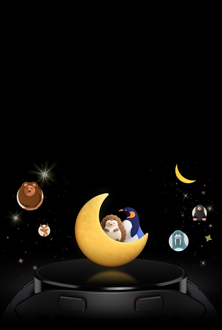 Different sleep animal symbols, including a lion, deer, penguin, hedgehog, sea lion, and mole, are floating in a starry night sky along with some stars. The penguin and hedgehog are resting on a yellow crescent moon. Below the crescent moon, there is a black Galaxy Watch FE seen from the side.