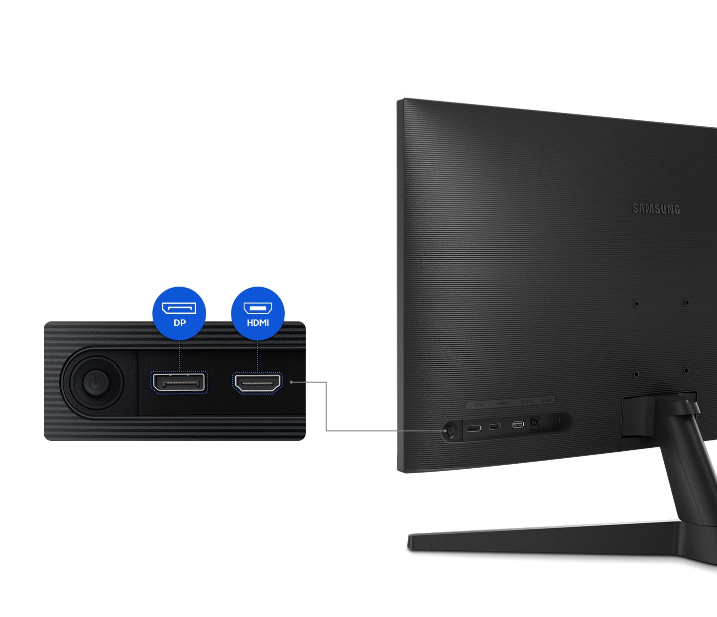 The rear side of a monitor is shown, and its connectivity part is being closed up. It has DP and HDMI ports.