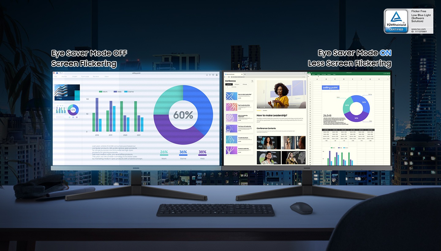 There are two monitors, and the left one flickers and emits blue light since the Eye Saver Mode is off. The right one is less flickering and does not emit blue light as its Eye Saver Mode is on. Above them, there is a TUV certification logo for Flicker Free and Low Blue Light(Software solution). There are 'www.tuv.com' and 'ID:1111270001' at the bottom of the logo.