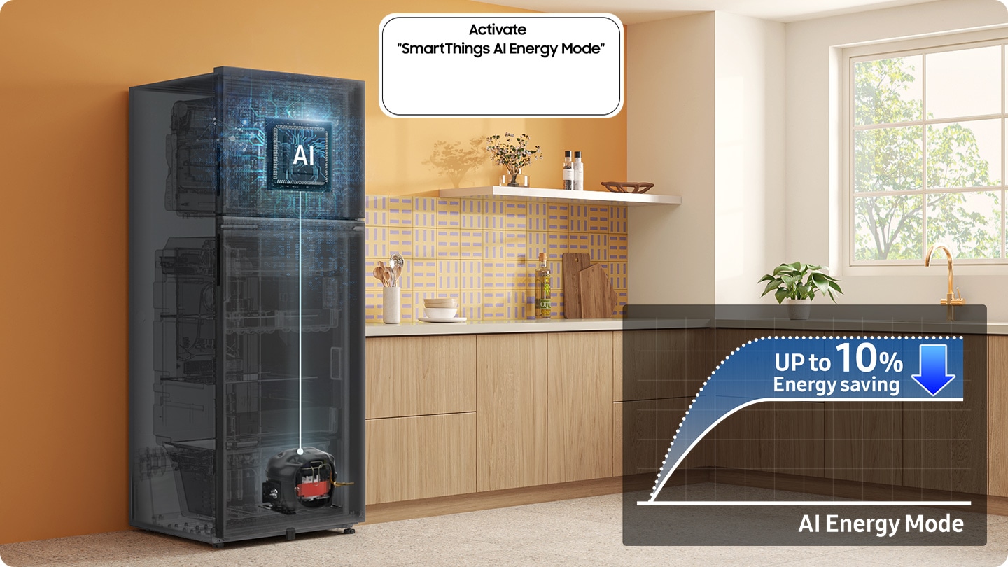 The refrigerator installed in the kitchen with the Activate “SmartThings AI Energy Mode” button ON. The AI Energy Mode is turned on, AI activated to check internal and manage the compressor, and a graph shows the UP to 10% Energy Saving effect when in AI Energy Mode compared to Normal mode.