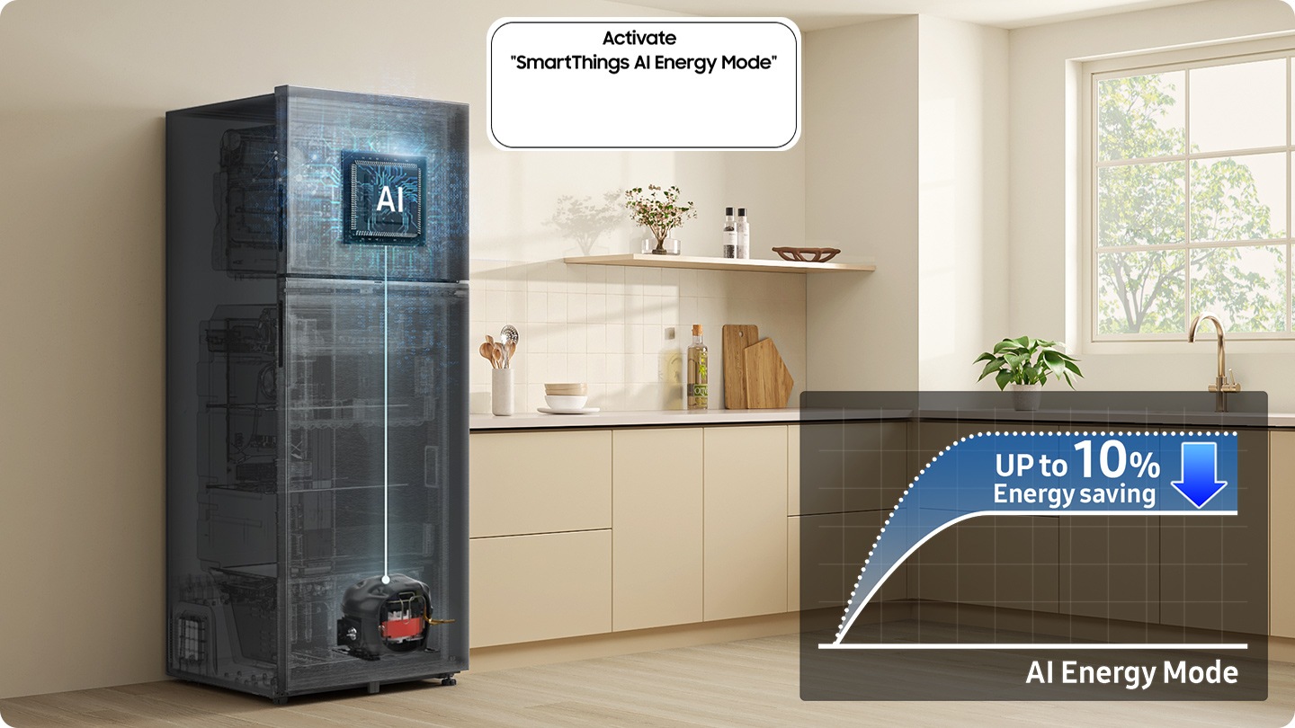 The refrigerator installed in the kitchen with the Activate “SmartThings AI Energy Mode” button ON. The AI Energy Mode is turned on, AI activated to check internal and manage the compressor, and a graph shows the UP to 10% Energy Saving effect when in AI Energy Mode compared to Normal mode.