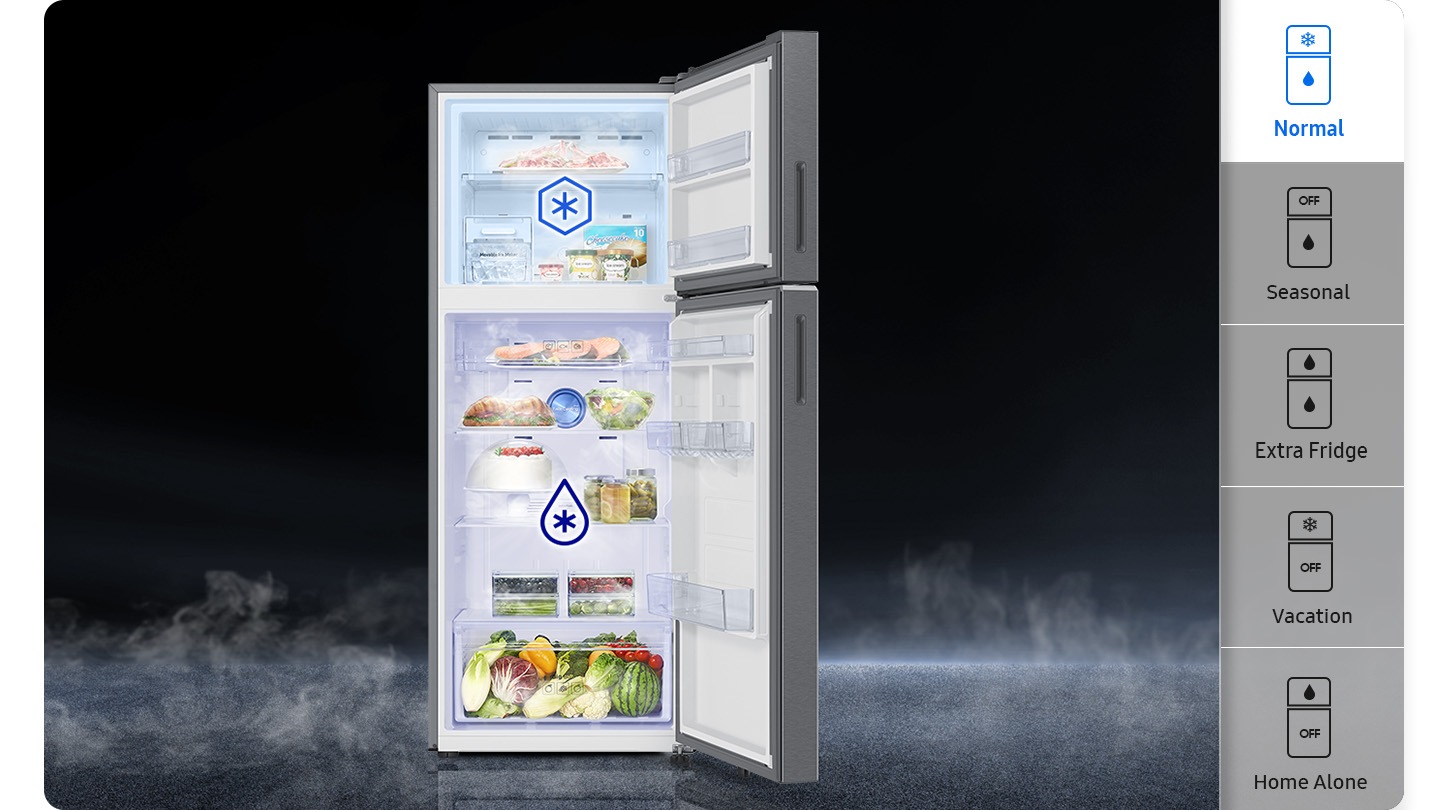 The 5 smart modes are available with the buttons inside the refrigerator. Normal (Both freezer and fridge ON), Seasonal (freezer OFF, fridge ON), Extra Fridge (Convert the freezer into a fridge and both fridge ON), Vacation(freezer ON, fridge OFF), and Home alone(Convert the freezer into a fridge and power ON, bottom fridge OFF).