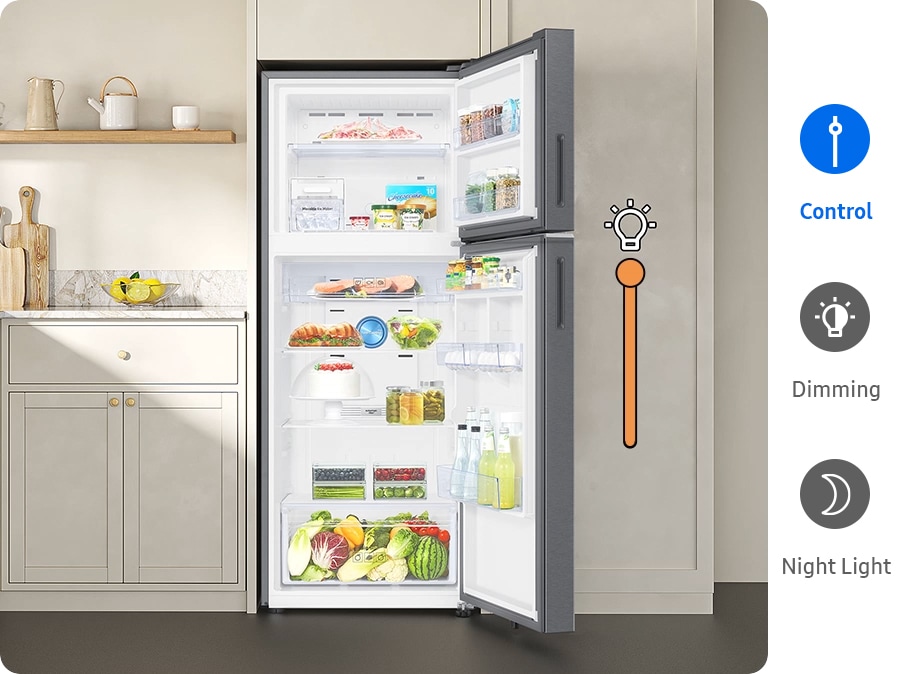 The internal lighting of refrigerator is controlled using SmartThings Lighting. In Dimming mode, the lights gradually get brighter. And in Night Light mode, the lights glow dimly in a dark room.