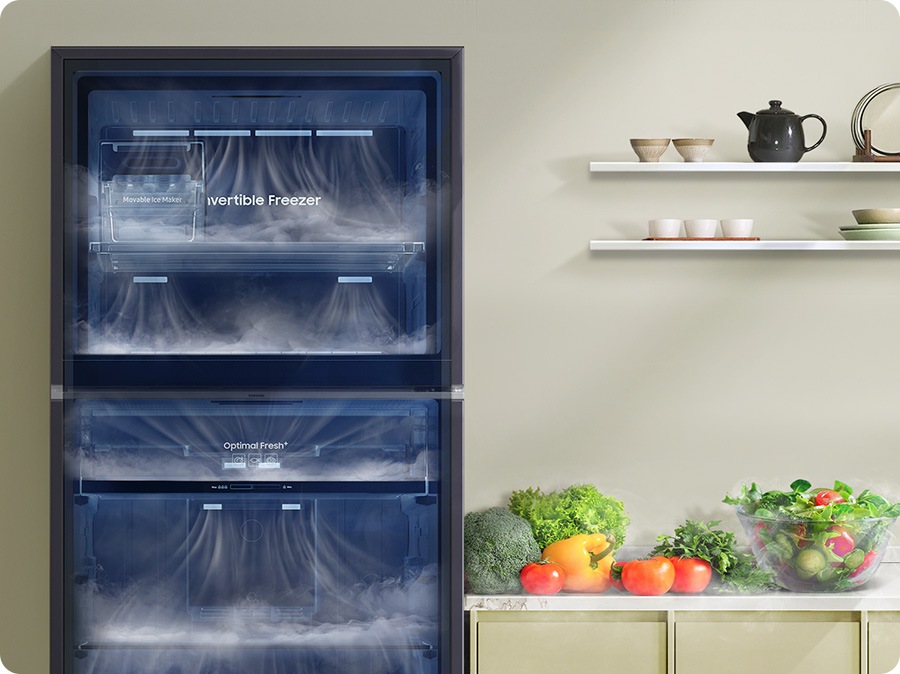 The inside of the refrigerator is visible and cold air spreads through every storage space.