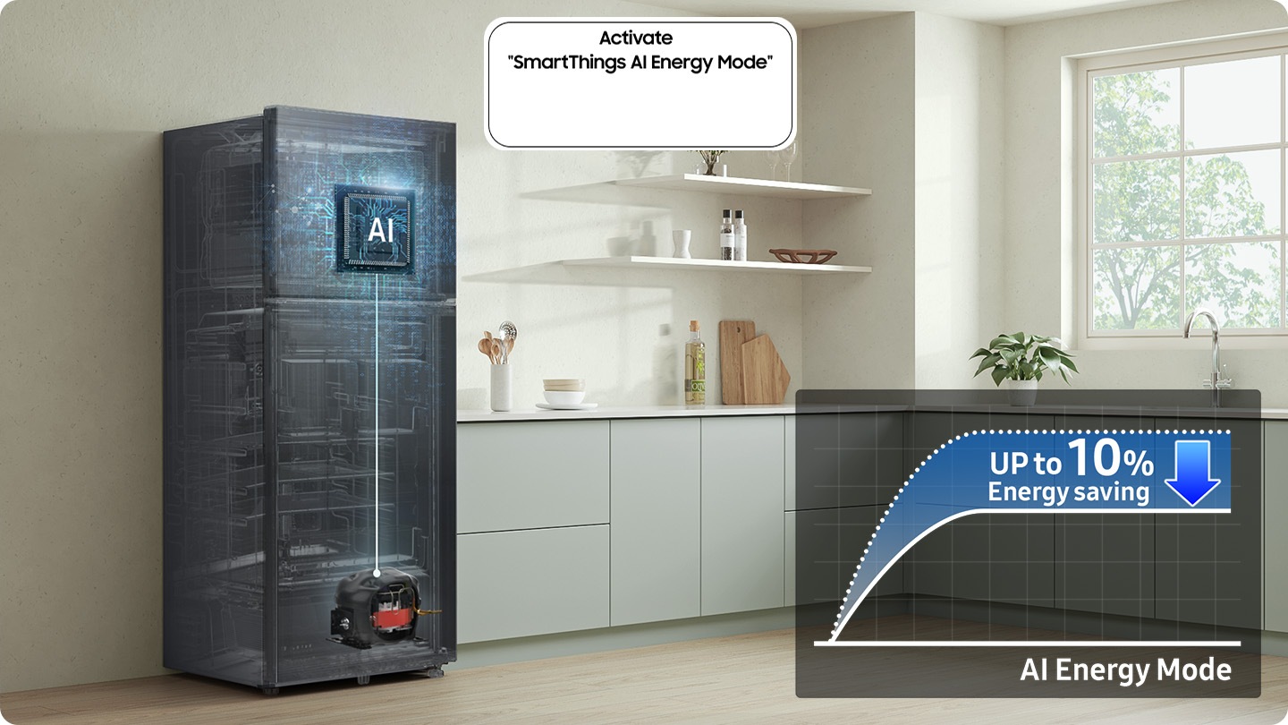 The refrigerator installed in the kitchen with the Activate “SmartThings AI Energy Mode” button ON. The AI Energy Mode is turned on, AI activated to check internal and manage the compressor, and a graph shows the UP to 10% Energy Saving effect when in AI Energy Mode compared to Normal mode.
