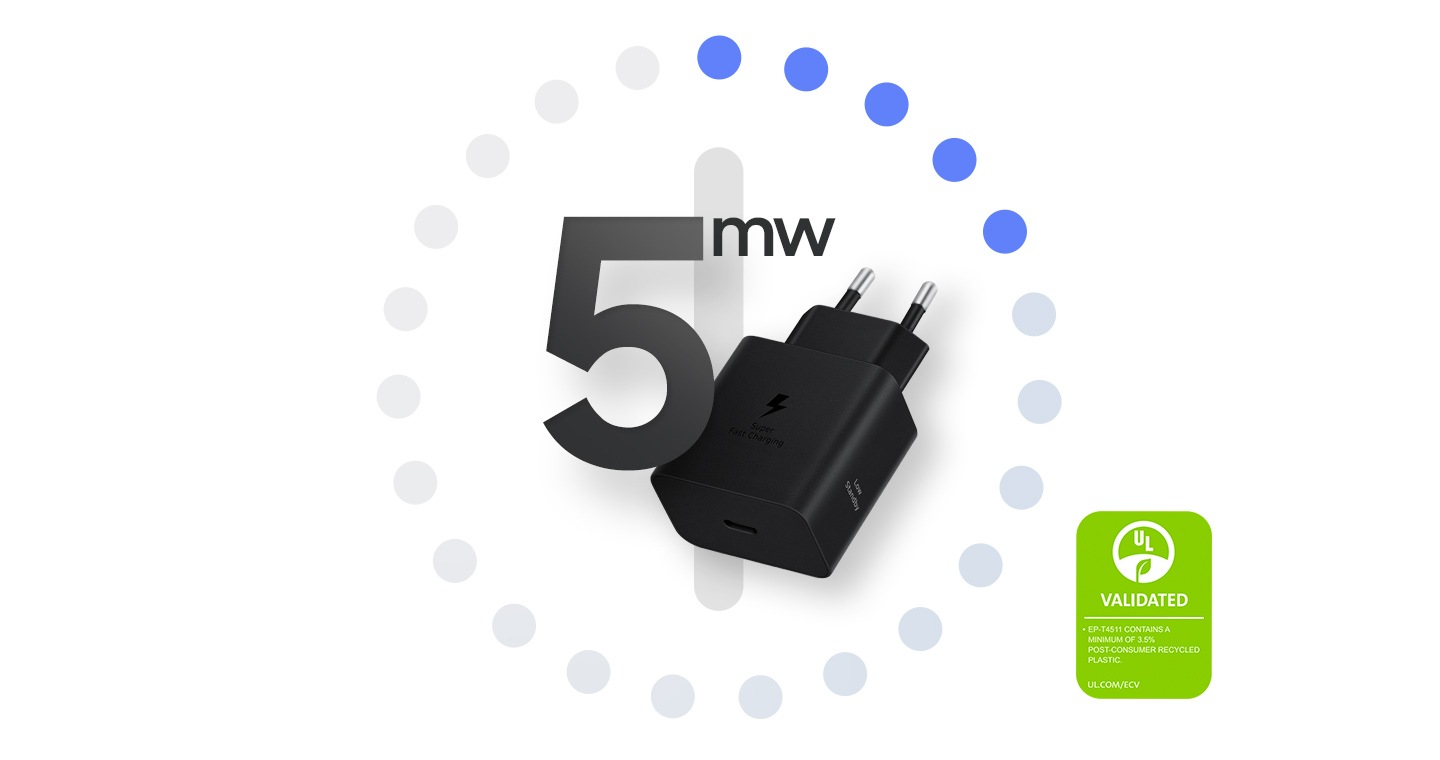 A black Power Adapter is shown port-side up with the text that reads '5mw'. On the right, a UL Environmental Claim Validation Mark is shown that reads ‘VALIDATED. EP-T4511 CONTAINS A MINIMUM OF 3.5% POST-CONSUMER RECYCLED CONTENT. UL.COM/ECV'.