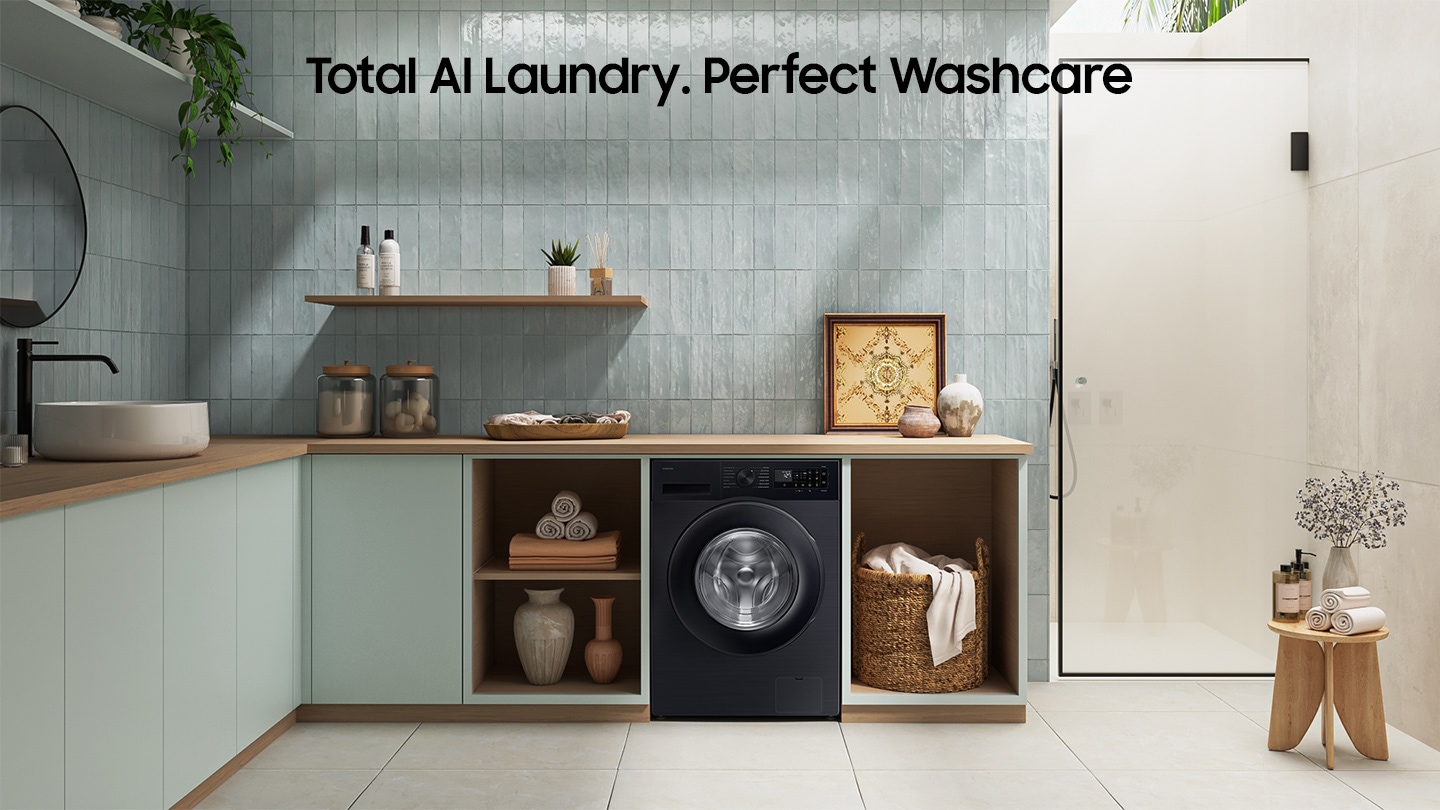 Total AI Laundry. Perfect Washcare. WW5000D is installed in the modern bathroom.