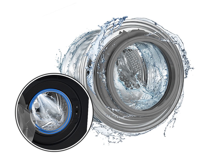 The washer drum is surrounded by clean water and water jets are cleaning the inside. Close-up of the rubber door gasket.