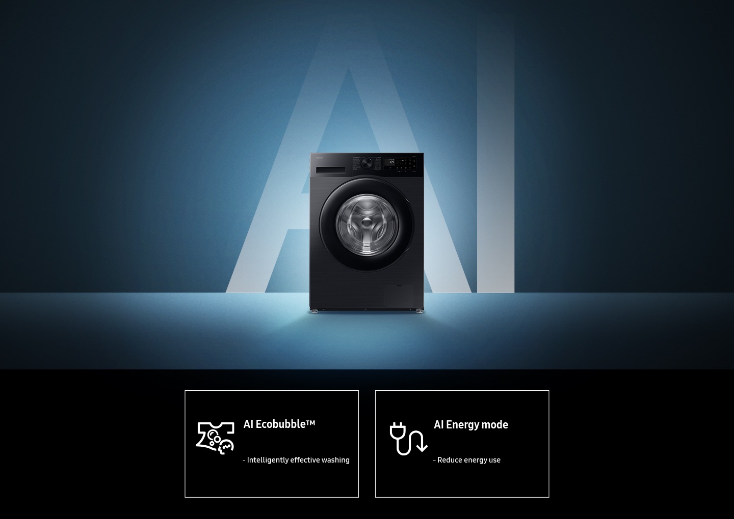 WW5000D is standing. AI Ecobubble™ : Intelligently effective washing, AI Energy Mode : Reduce energy use. These features are shown in icons.