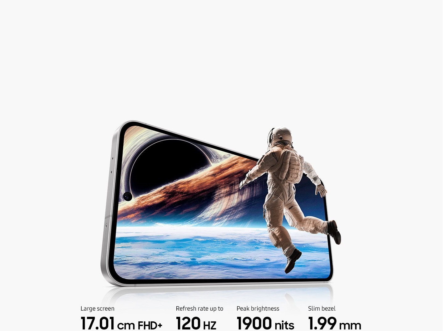 A slightly rotated Galaxy S24 FE is seen from the front. The screen displays an astronaut floating in space with a planet and colorful nebula in the background. Text reads Large screen 6.7 inch FHD+, Refresh rate up to 120 Hz, Peak brightness 1900 nits, Slim bezel 1.99 mm.