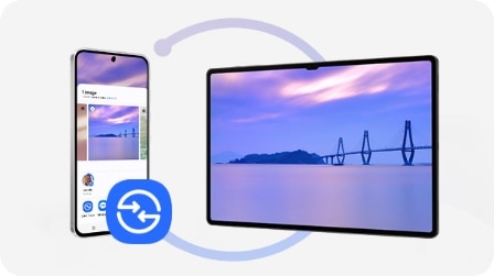 A Smartphone displaying a photo transfer process to a tablet. The screen shows an image of a scenic view being shared between the devices.