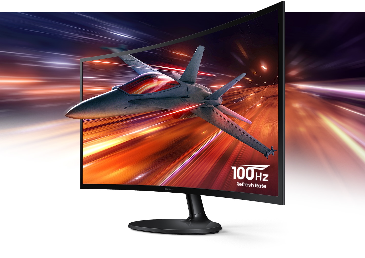 A jet flies on the monitor screen, and 100Hz refresh rate is also displayed on it.