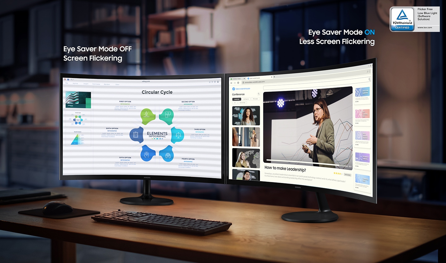 There are two monitors, and the left one flickers and emits blue light since the Eye Saver Mode is off. The right one is less flickering and does not emit blue light as its Eye Saver Mode is on. Above them, there is a TUV certification logo.