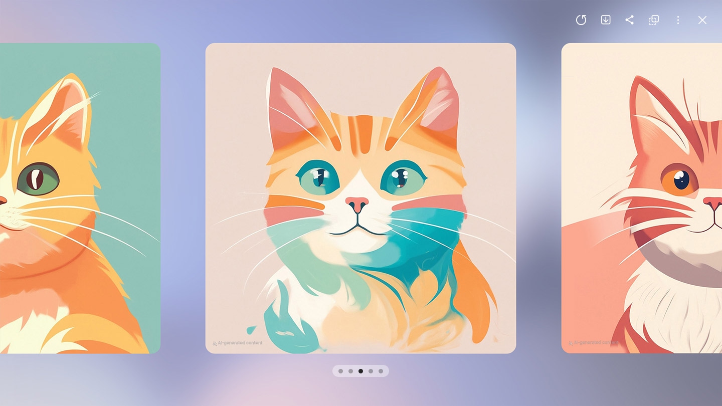 An S Pen sketches a cat's face on a Galaxy Tab S10 Series device. After tapping the Generate button, the sketch transforms into various AI-generated images that slide to the left on the screen.