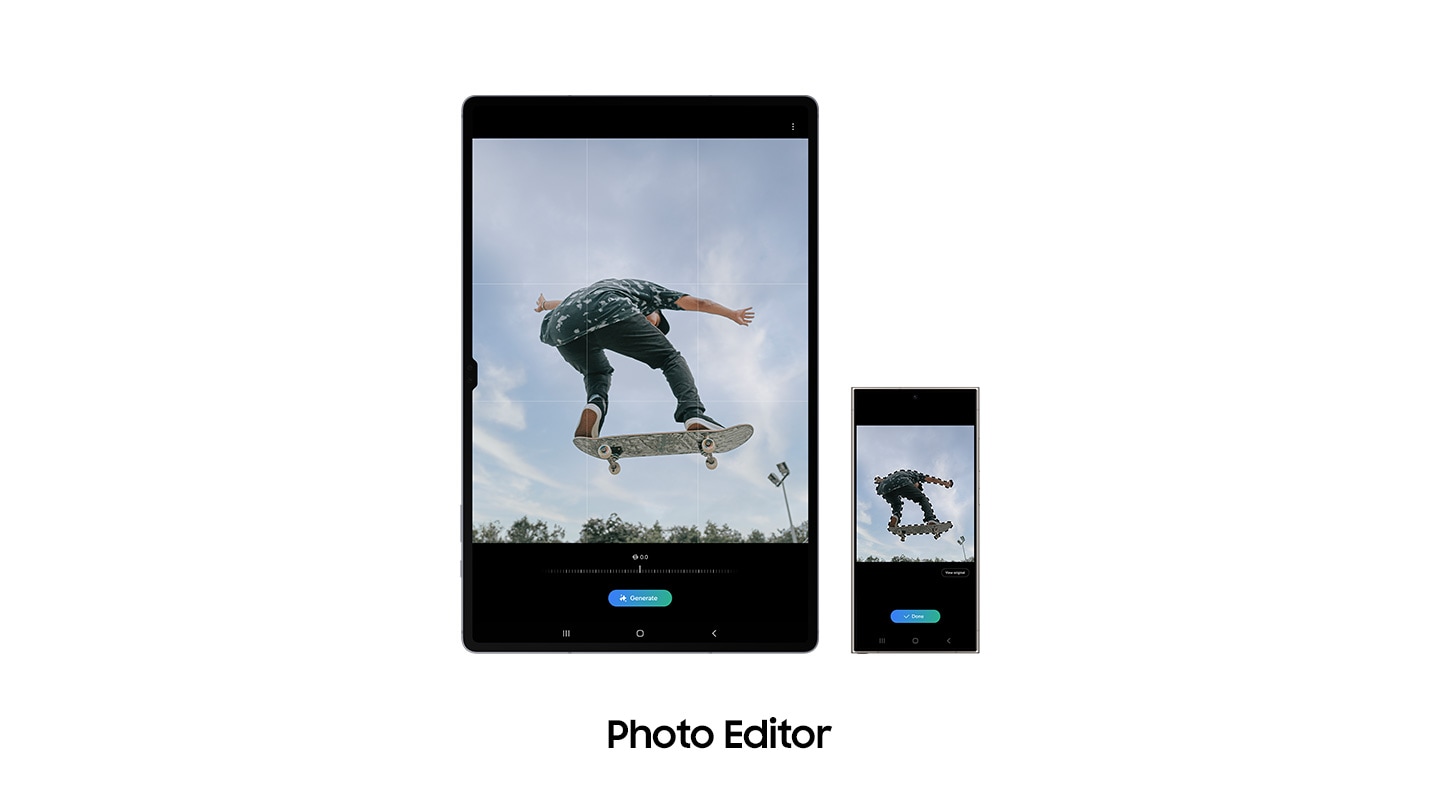 Front view of Galaxy Tab S10 Series device in portrait mode with the Photo Editor app open, displaying a photo of a man skateboarding. The same photo is shown on a Galaxy phone device standing next to the tablet. Text reads Photo editor.