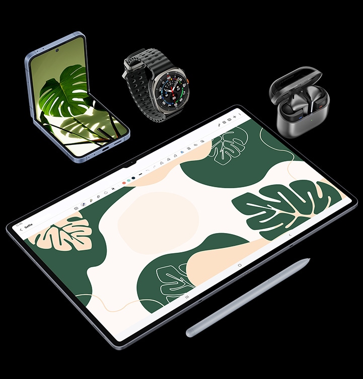 A flat lay of Galaxy Tab S10 Ultra displaying a colorful drawing, surrounded by a half-open Galaxy Z Flip6 with the same image onscreen, Galaxy Watch Ultra, Galaxy Buds3 Pro and S Pen.