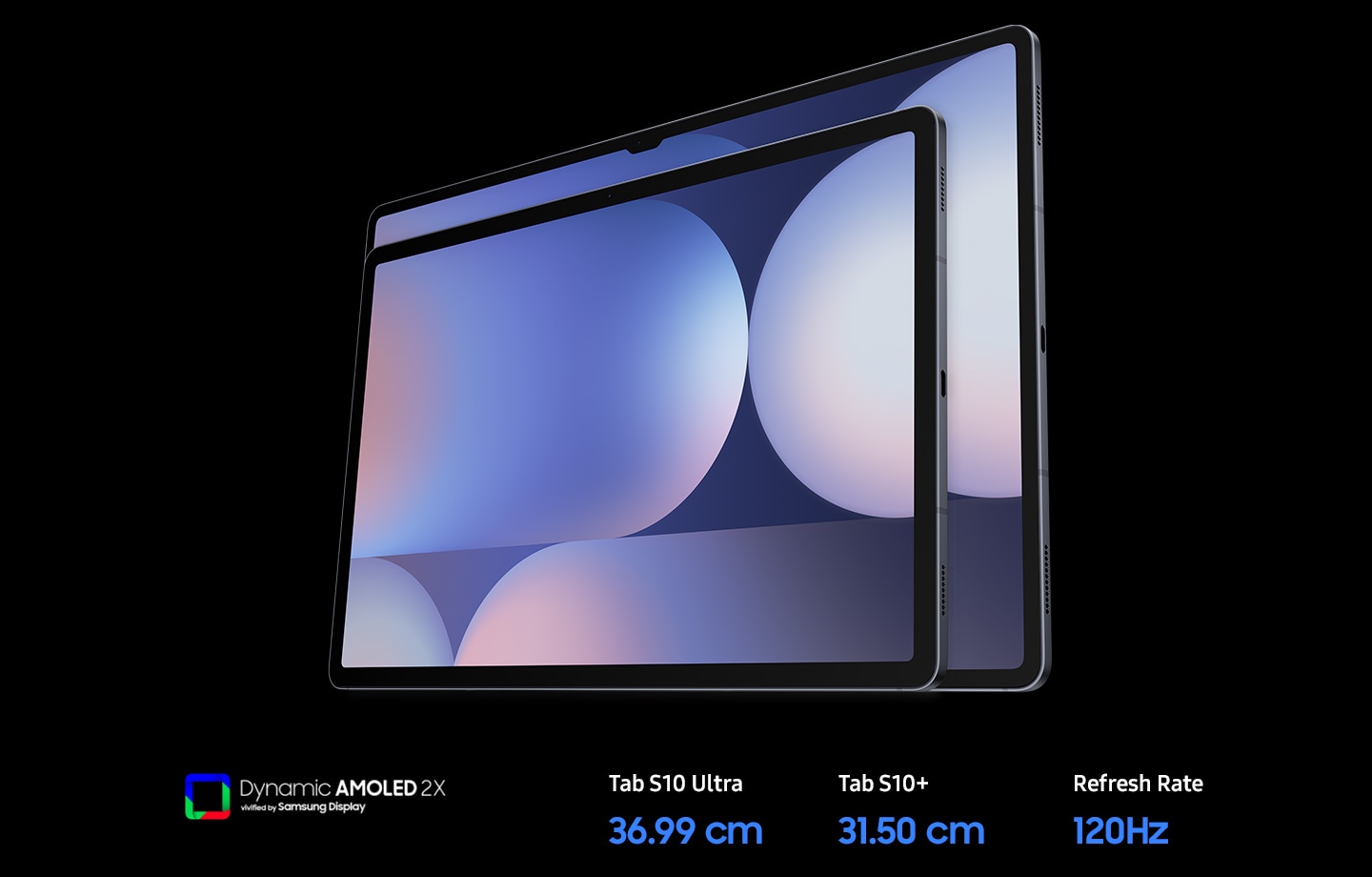 Galaxy Tab S10+ and S10 Ultra are standing side by side in landscape mode, positioned close together to highlight the size difference between the two devices. Dynamic AMOLED 2X vivified by Samsung Display logo. Caption reads Tab S10 Ultra 14.6 inches, Tab S10+ 12.4 inches, Refresh Rate 120Hz.