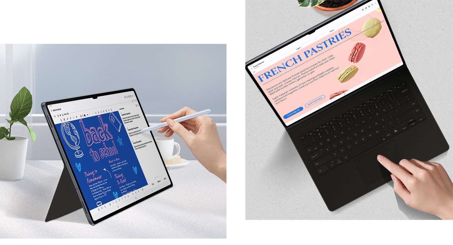 A person is pointing an S Pen at a Galaxy Tab S10 Ultra displaying Note Assist app in use, propped up horizontally using the Book Cover Keyboard. A top view of a person using the trackpad on the Book Cover Keyboard to navigate the Note Assist app on Galaxy Tab S10 Ultra.