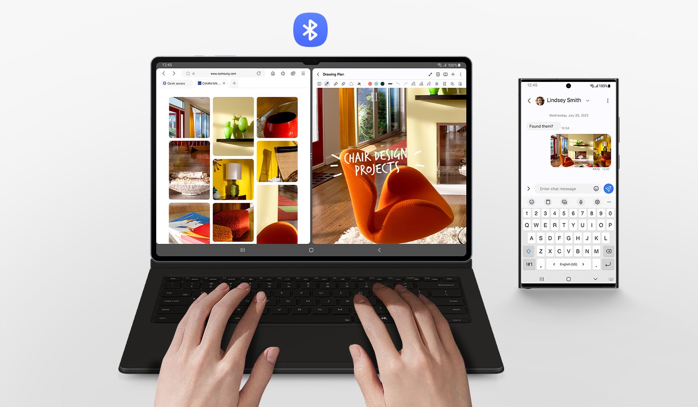 A person is using Galaxy Tab S10 Ultra with the Book Cover Keyboard. Its screen is divided into two windows with several image results of home furniture on the web and one of the images being edited. A Galaxy smartphone with the image on the screen while letters are being typed with the cover's keyboard. Bluetooth logo is shown.