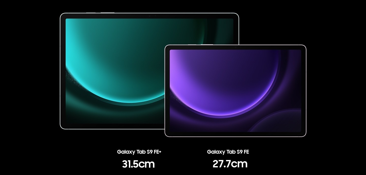 Galaxy Tab S9 FE+ in Mint with a 12.4-inch screen and Tab S9 FE in Lavender with a 10.9-inch screen next to each other in Landscape mode, facing forward with a green and purple wallpaper onscreen, respectively.