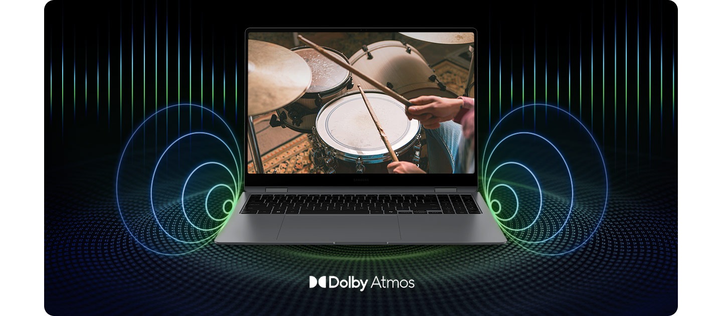 Galaxy Book5 Pro 360 is open, facing forward with a person shown playing the drums in full screen and sound waves coming out of the laptop speakers. Dolby Atmos logo is shown.