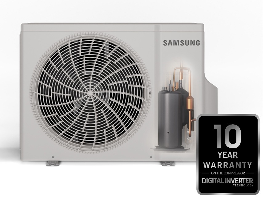 The compressor inside the outdoor unit is shown, and an emblem that says '10-year warranty - on the compressor - Digital inverter technology' is shown in front of it.