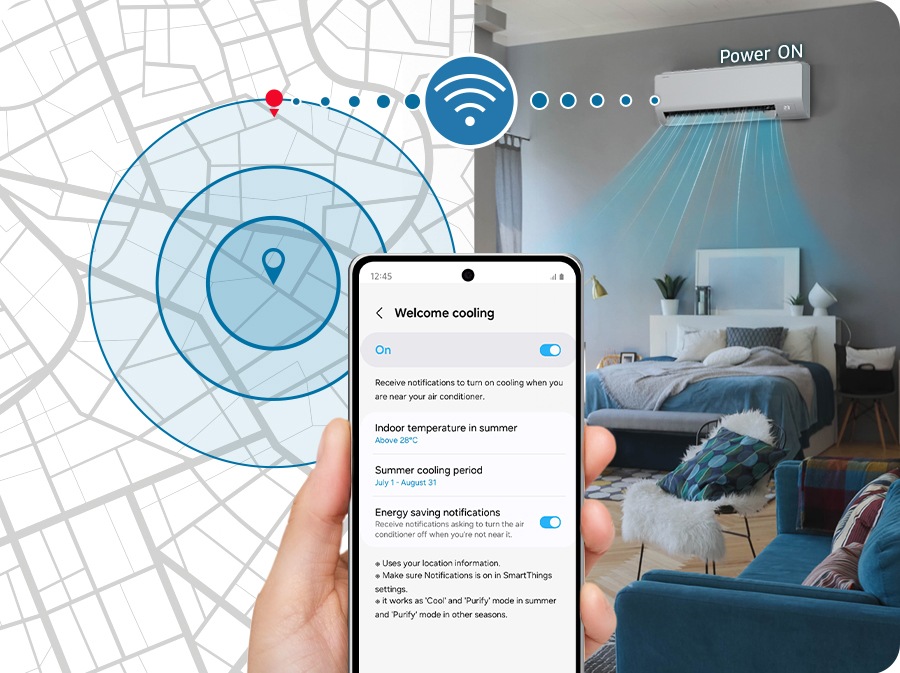 The smartphone displays "Welcome Cooling" activated. When the phone enters the geofence on the map, the indoor unit is triggered to turn on via Wi-Fi.