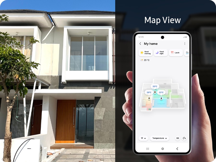 From outside the house, the smartphone is used to monitor the interior through SmartThings' 'Map View', displaying a 3D map of the home.