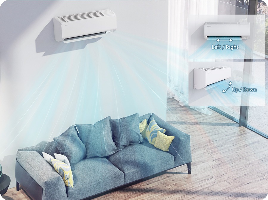 Shows a wall-mounted air conditioner and illustrates how the direction of the air flow can be adjusted in 4 directions, horizontally (left to right) and vertically (up and down), to distribute air across a room quickly and evenly.