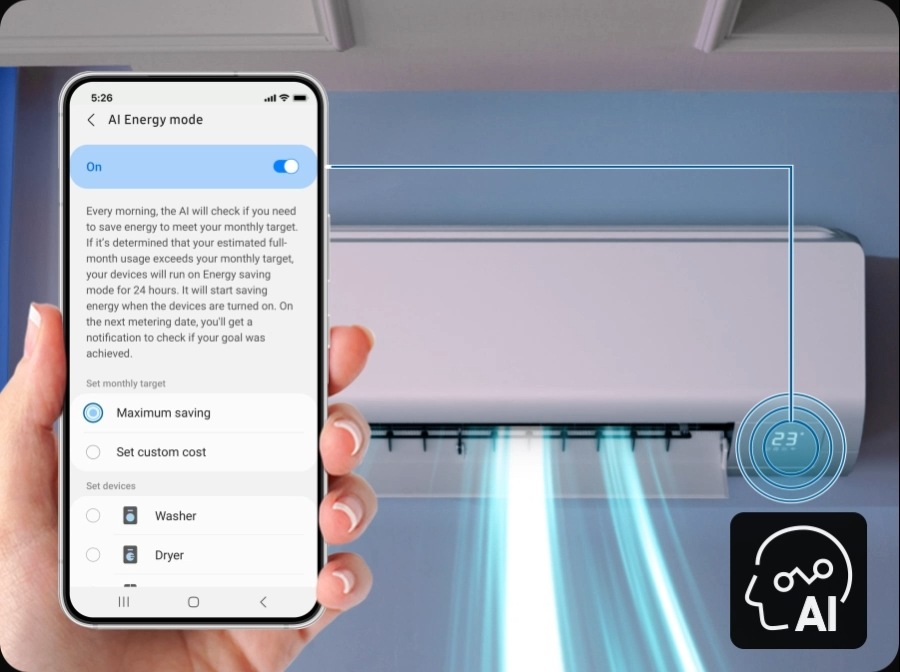 'This shows you how to set up 'AI Energy Mode' using a remote control and a mobile phone with the AI ​​logo. 'AI Energy Mode' reduces energy consumption by up to 30%.