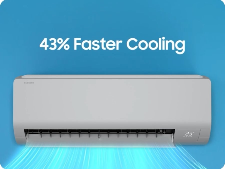 It highlights the ‘3x Stronger Neodymium Magnets’ and ‘Twin Rotary Comp’ inside the indoor unit. After the phrases '18% Wider inlet' and '31% Wider Blade' are displayed, the image changes to a strong wind blowing from the indoor unit. At the top, it says '43% faster cooling'.