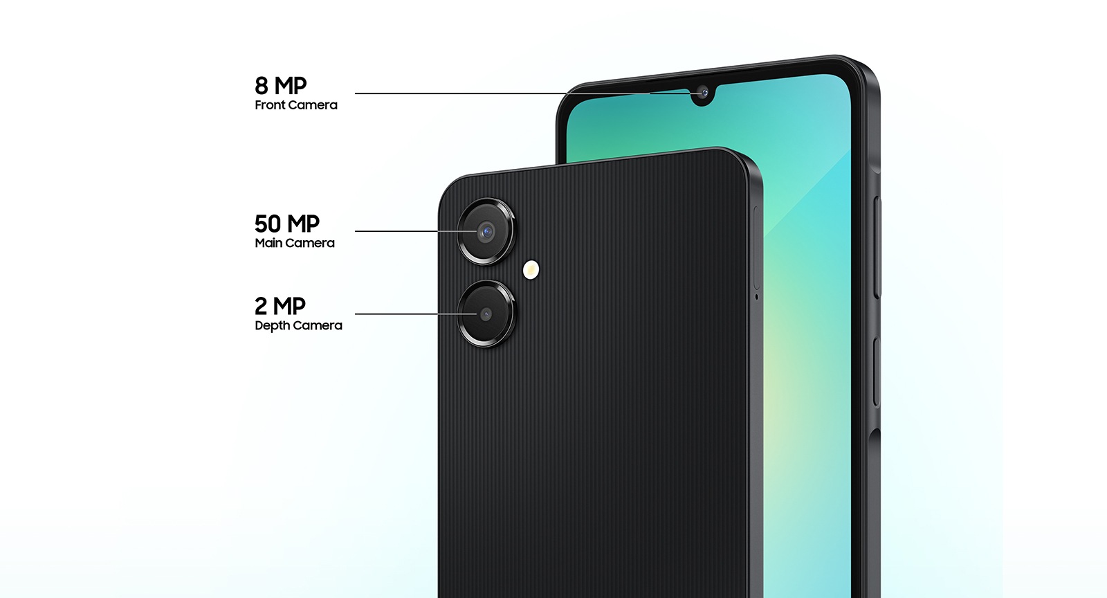 The Galaxy A06 5G camera specifications read '8 MP front camera', '50 MP main camera', and '2 MP depth camera'.